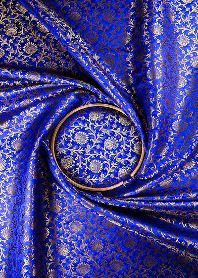 Royal Blue Banarasi Brocade Fabric With All Over Thread And Zari Handloom 24295