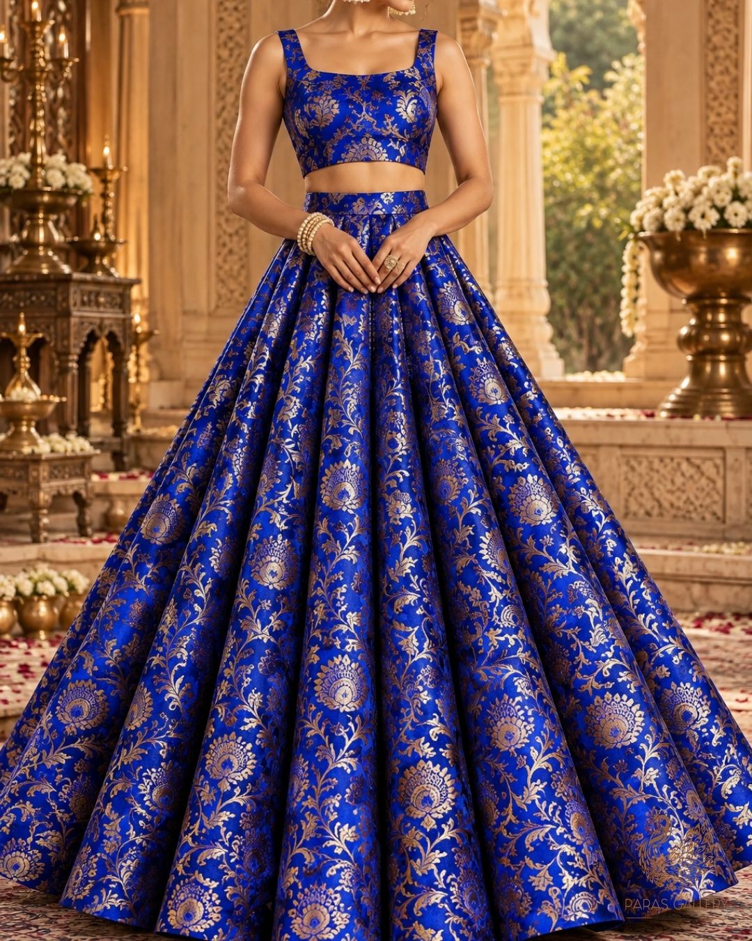 Royal Blue Banarasi Brocade Fabric With All Over Thread And Zari Handloom 24295