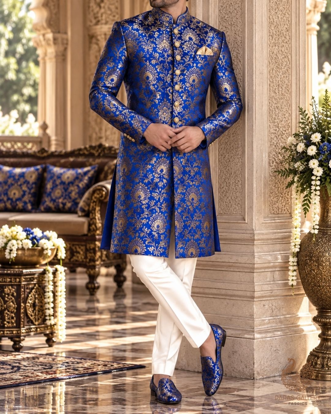 Royal Blue Banarasi Brocade Fabric With All Over Thread And Zari Handloom 24295
