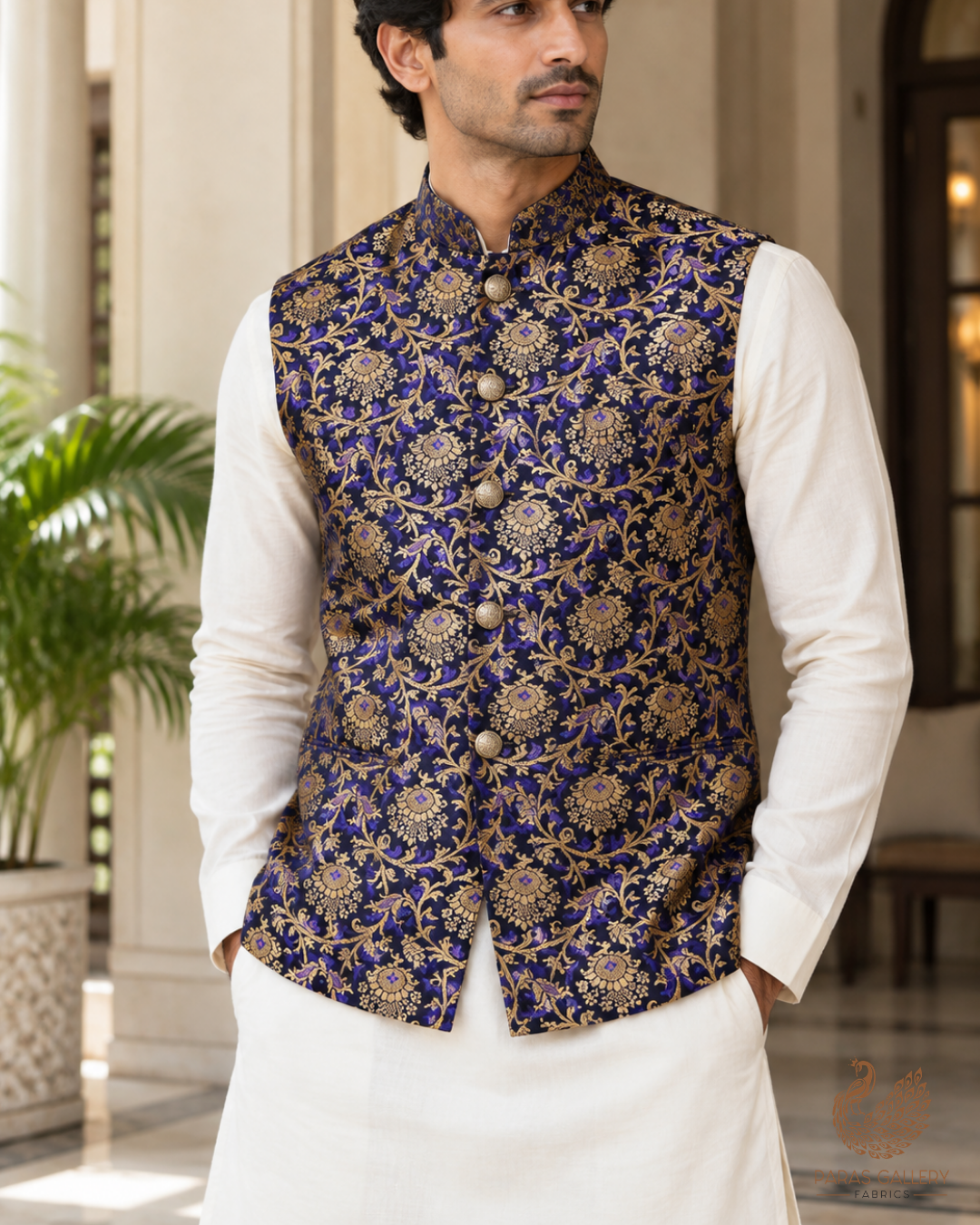 Black Banarasi Brocade Fabric With All Over Thread And Zari Handloom 24297