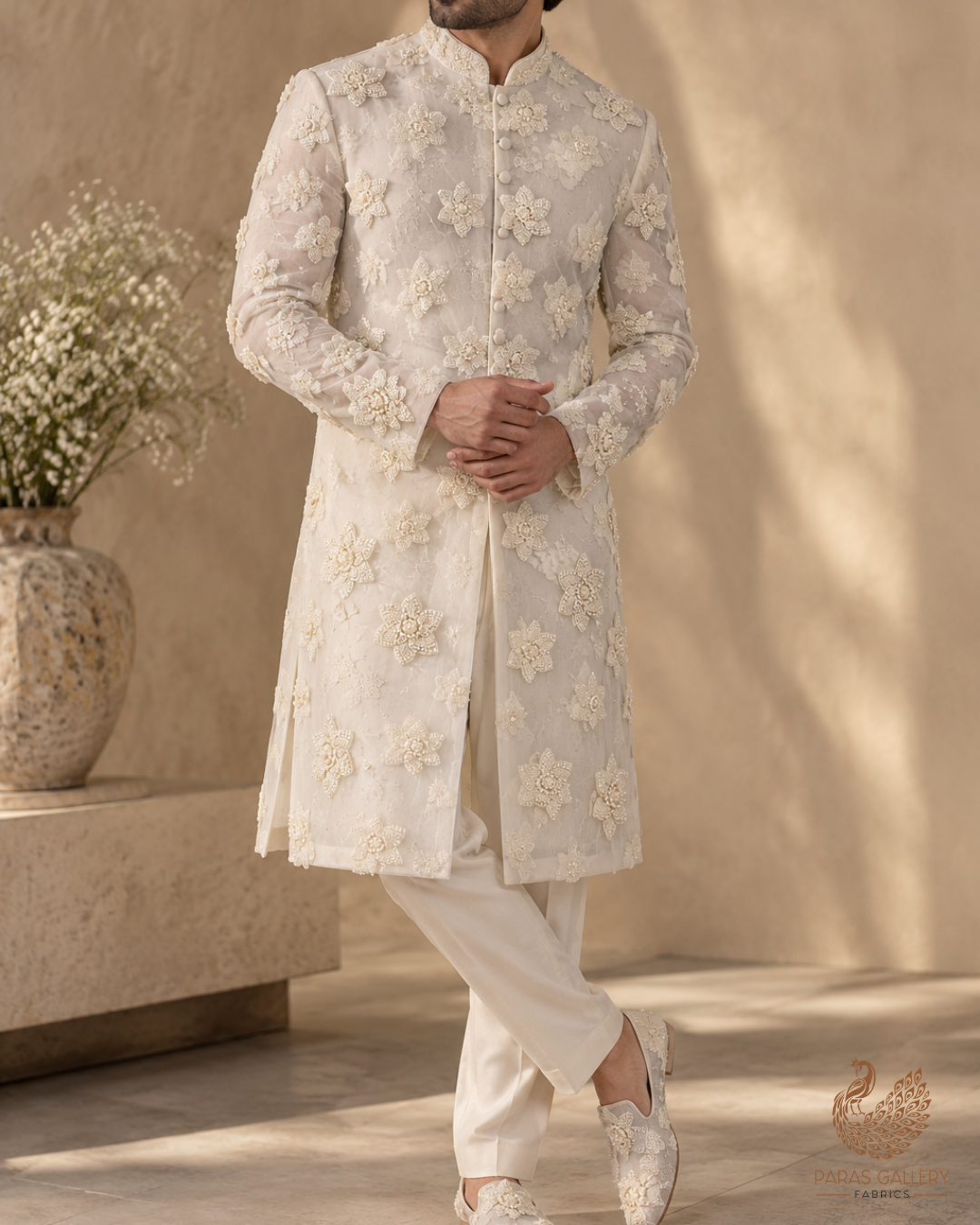White Dyeable Net Fabric With All Over Buti Of Sequins And Katdana Work 24302