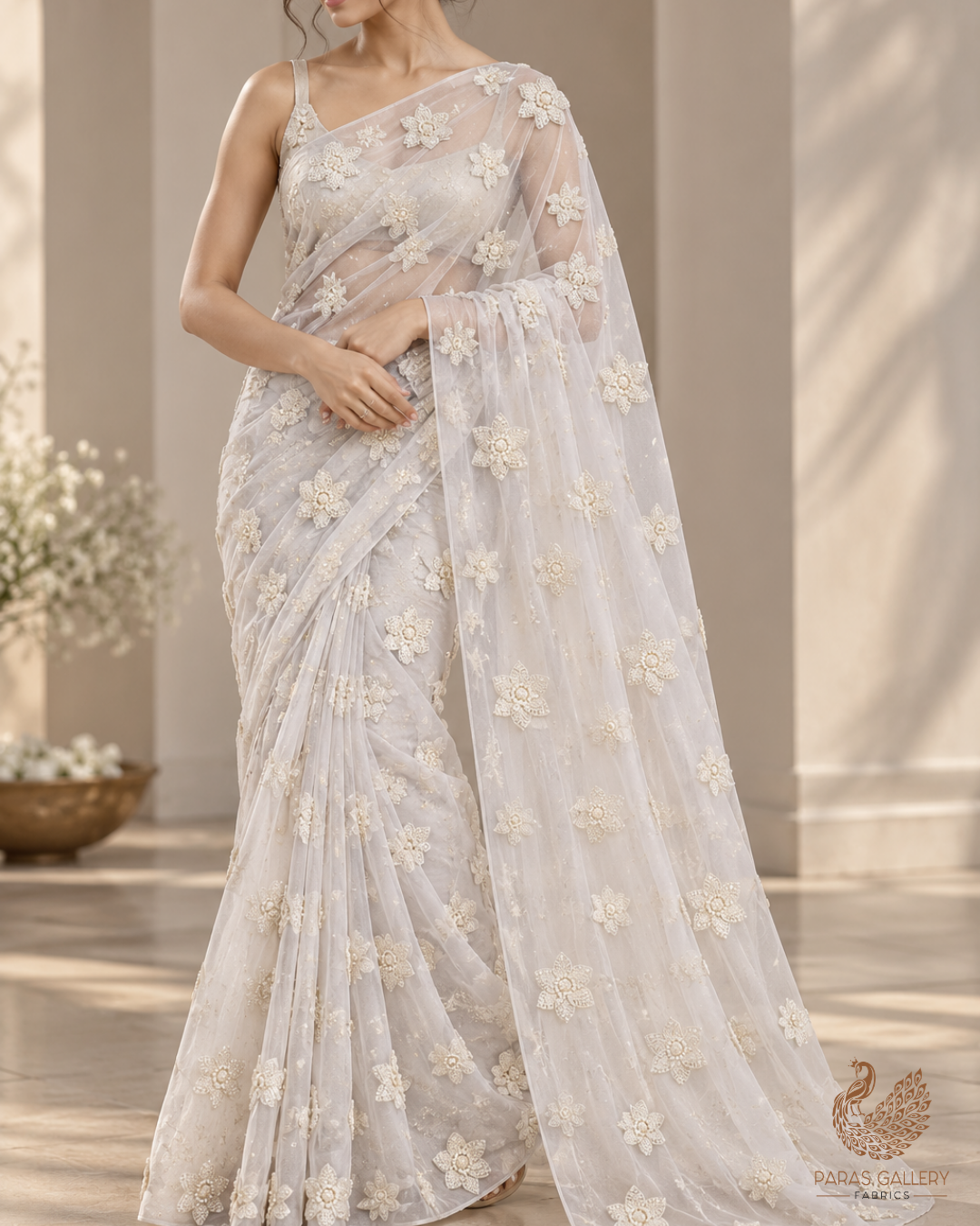 White Dyeable Net Fabric With All Over Buti Of Sequins And Katdana Work 24302