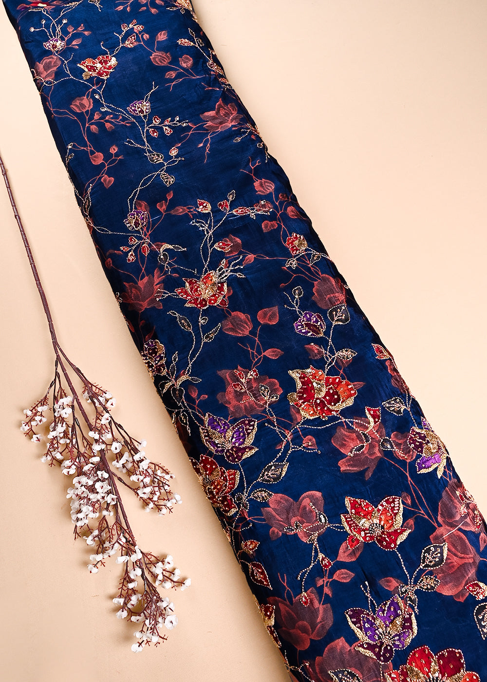 Teal Blue Crepe Fabric With All Over Zari, Sequins And Katdana Work 24303