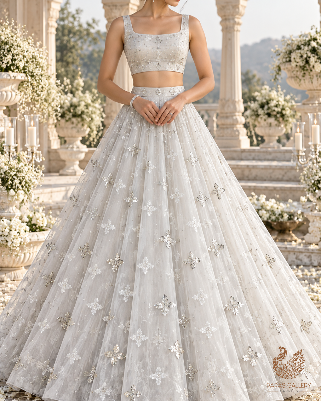 White Dyeable Net Fabric With All Over Buti Of Sequins And Katdana Work 24305