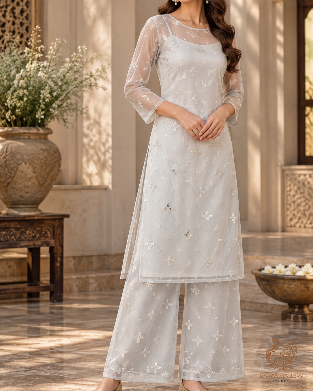 White Dyeable Net Fabric With All Over Buti Of Sequins And Katdana Work 24305
