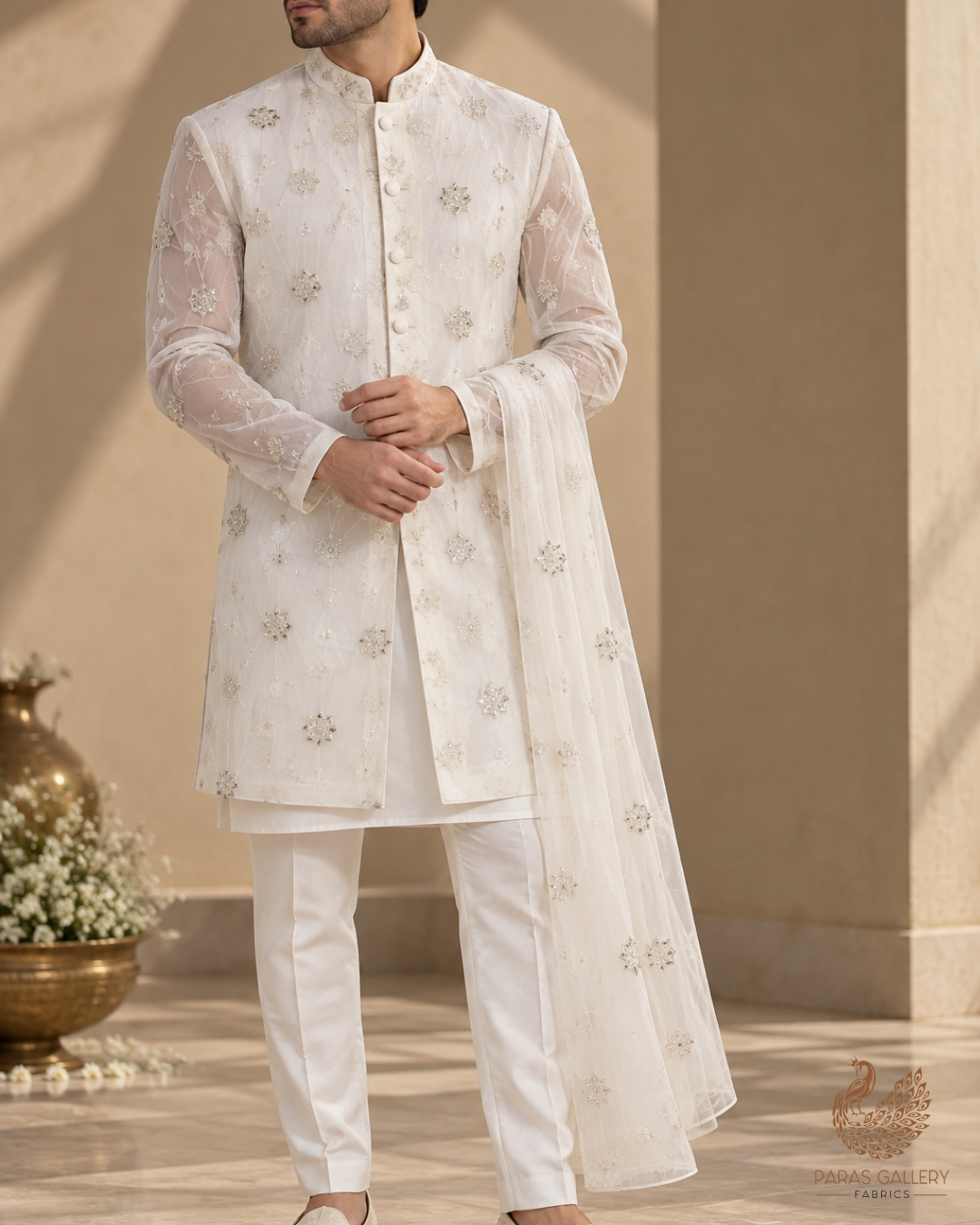 White Dyeable Net Fabric With All Over Buti Of Sequins And Katdana Work 24308