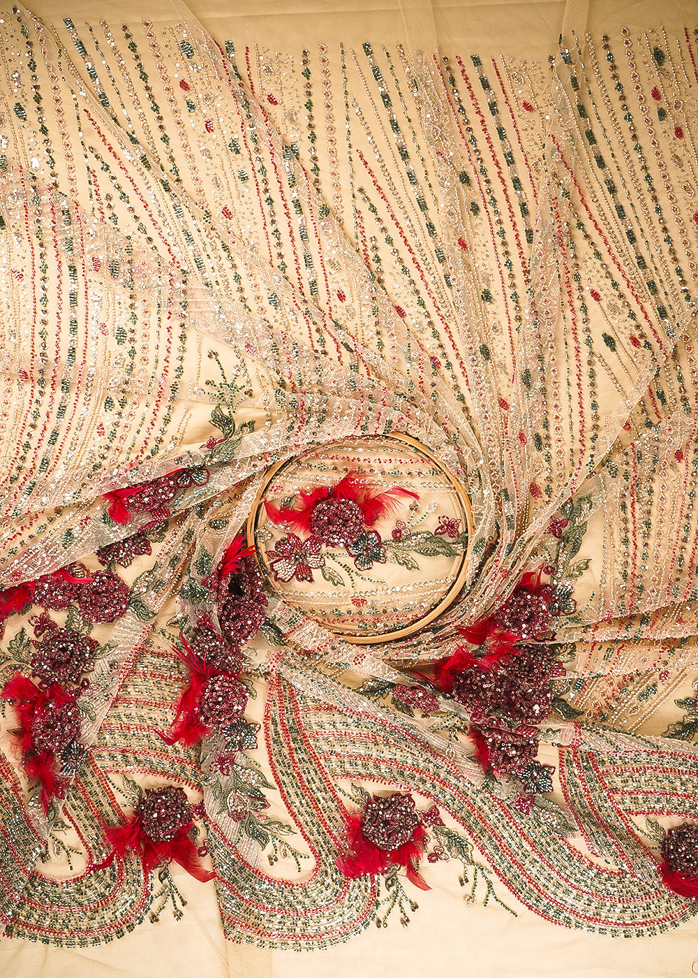 Chiku Imported Net Fabric With All Over Sequins, Katdana And 3D Work With One Side Border 24309