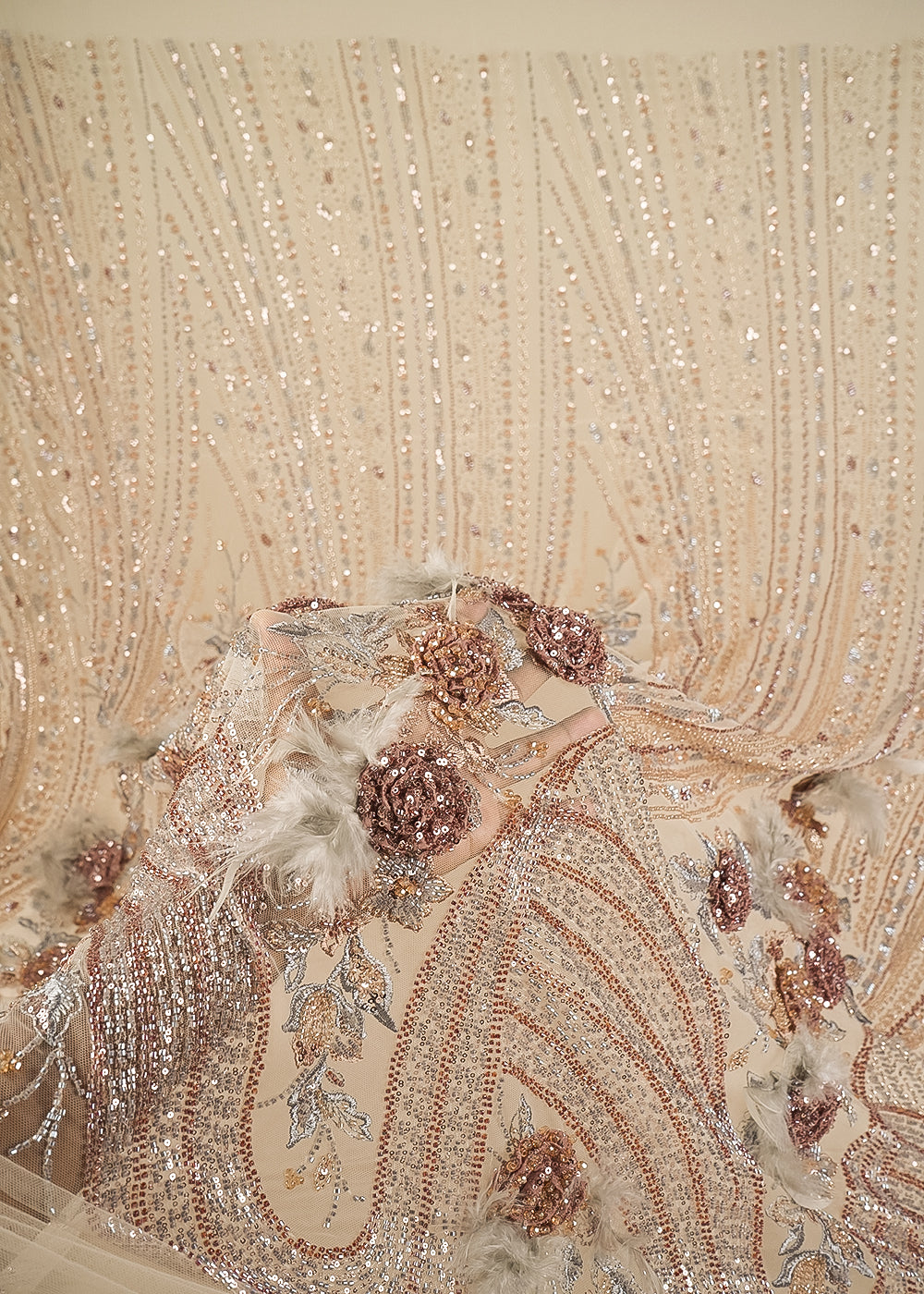 Cream Imported Net Fabric With All Over Sequins, Katdana And 3D Work With One Side Border 24310