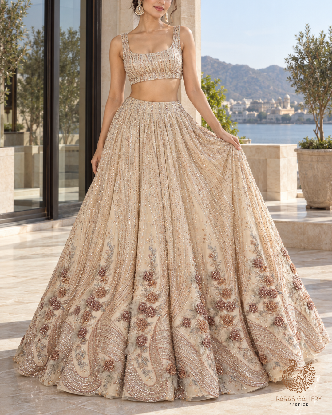 Cream Imported Net Fabric With All Over Sequins, Katdana And 3D Work With One Side Border 24310