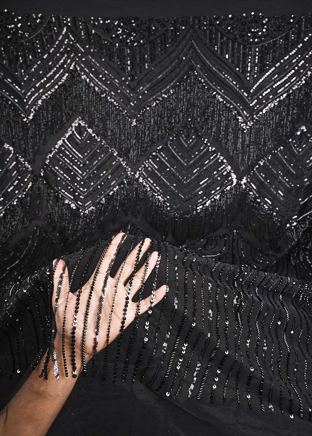 Black Imported Net Fabric With All Over Sequins And Katdana Work With One Side Heavy Border 24315
