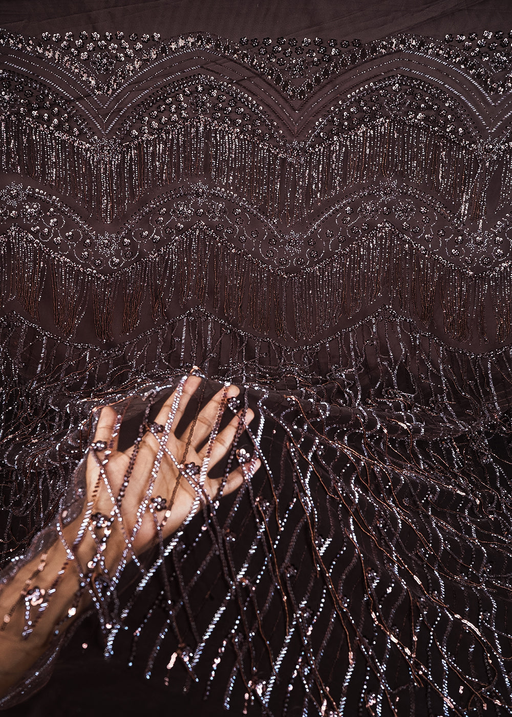 Coffee Imported Net Fabric With All Over Sequins And Katdana Work With One Side Border 24316