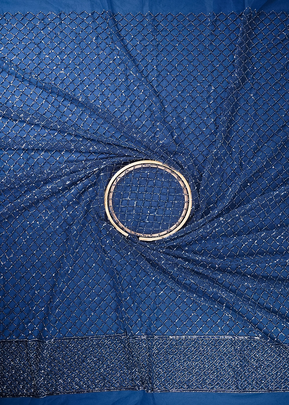 Navy Blue Imported Net Fabric With All Over Sequins And Katdana Work With One Side Border 24321