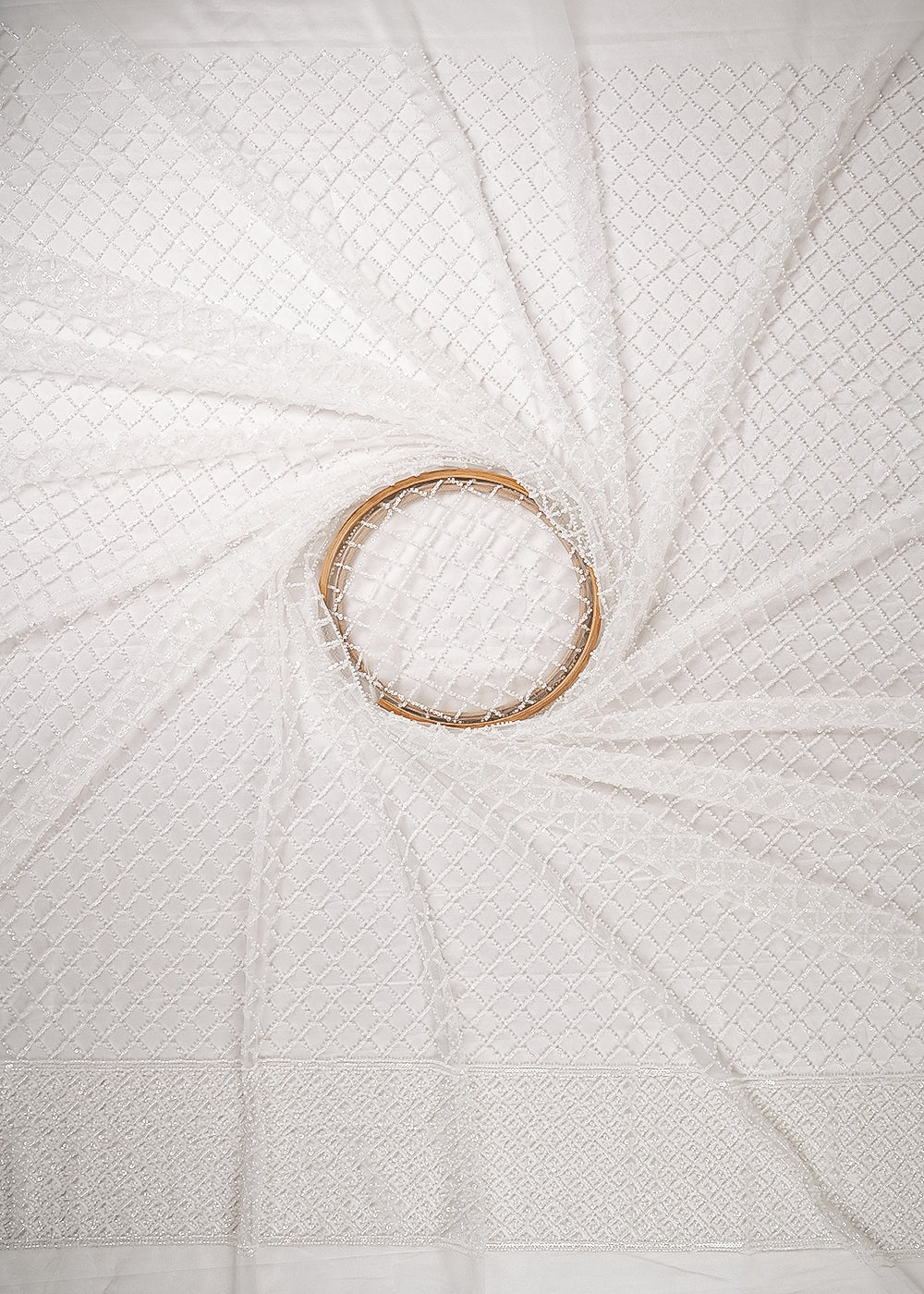 White Imported Net Fabric With All Over Sequins And Katdana Work With One Side Border 24322