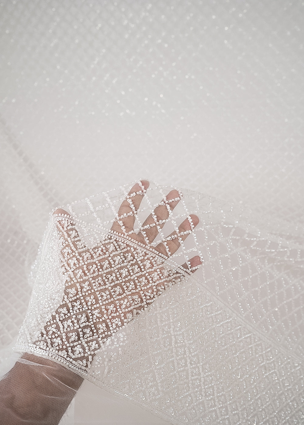 White Imported Net Fabric With All Over Sequins And Katdana Work With One Side Border 24322