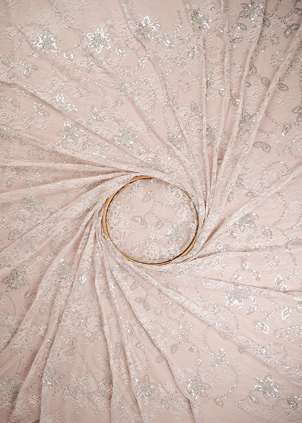 Peach Sandlin Lace Fabric With All Over Sequins And Katdana Work 24325