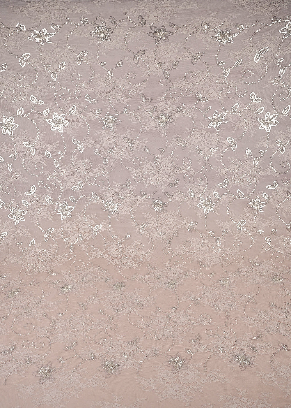 Peach Sandlin Lace Fabric With All Over Sequins And Katdana Work 24325