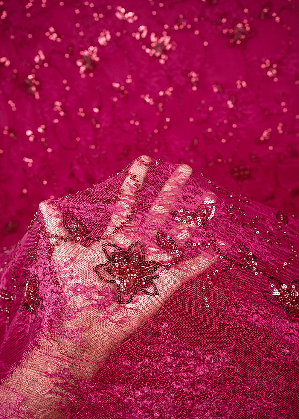 Maroon Sandlin Lace Fabric With All Over Sequins And Katdana Work 24327