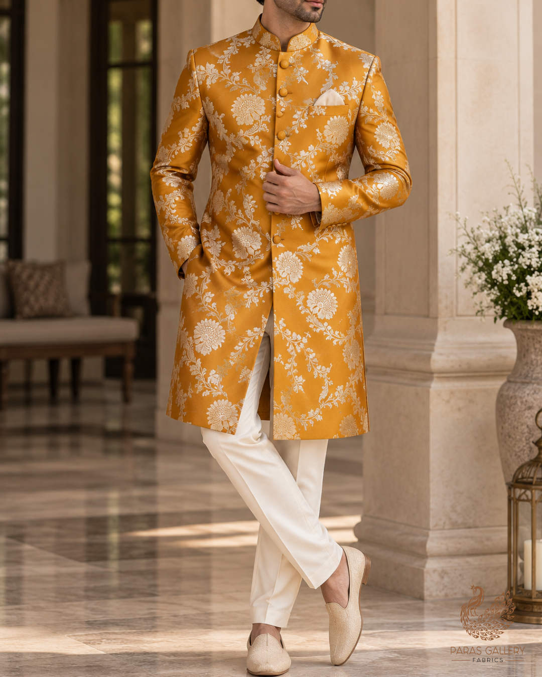 Mustard Banarasi Brocade Fabric With All Over Thread And Zari Handloom 24426
