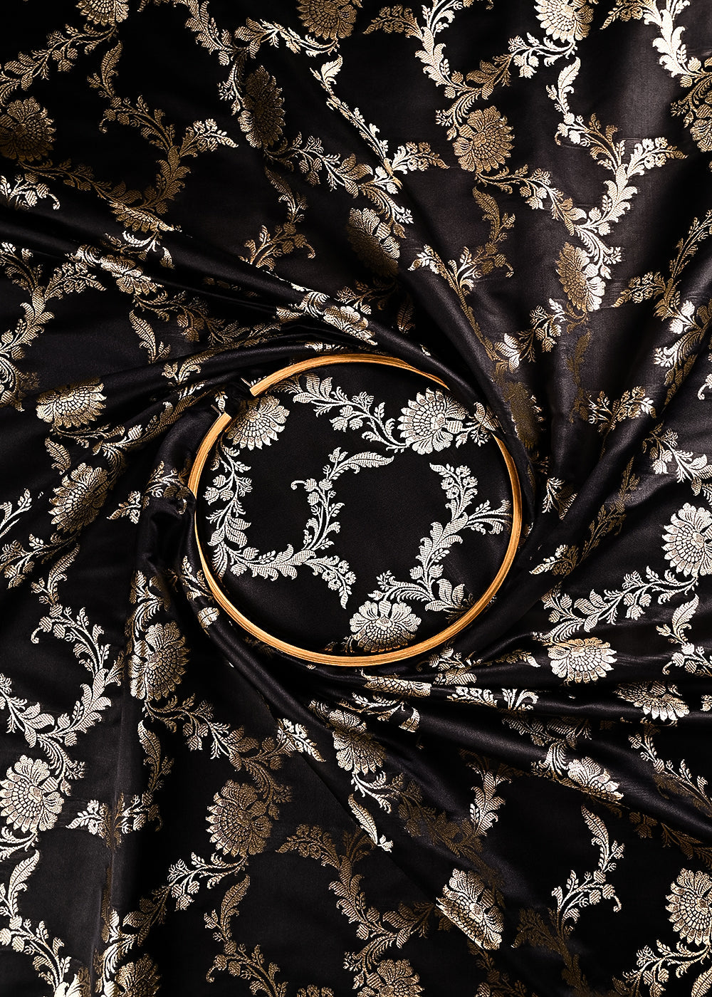 Black Banarasi Brocade Fabric With All Over Thread And Zari Handloom 24431