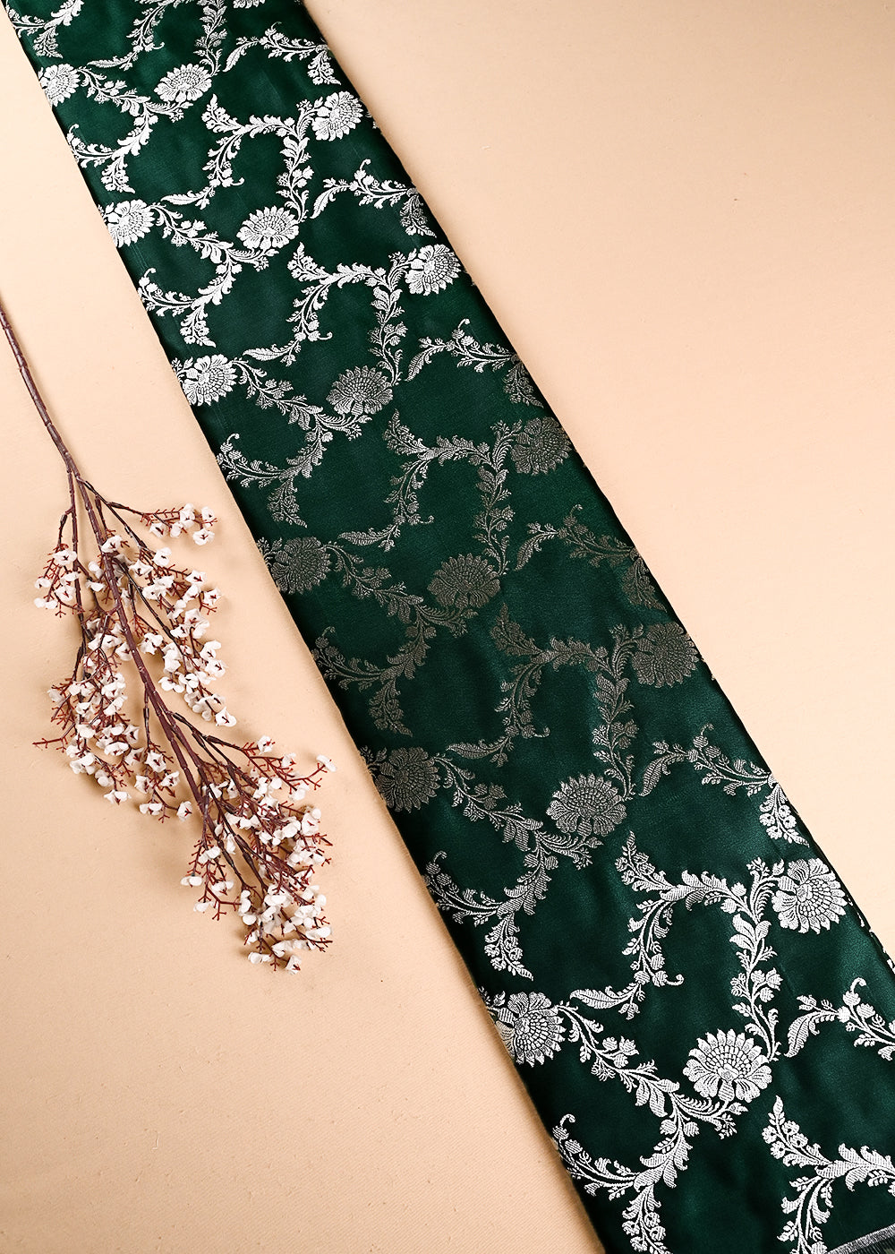 Bottle Green Banarasi Brocade Fabric With All Over Thread And Zari Handloom 24432