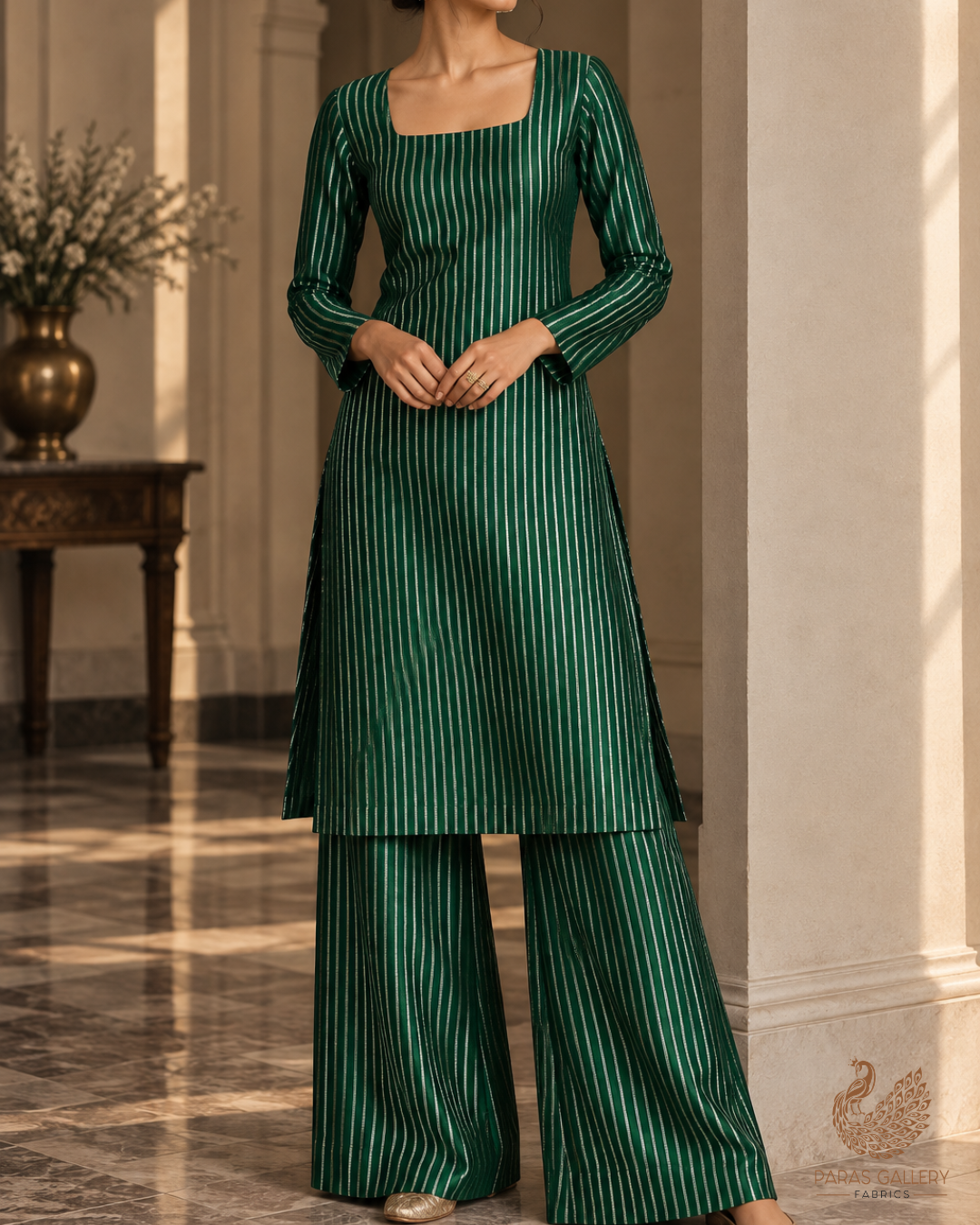 Bottle Green Banarasi Brocade Fabric With All Over Thread And Zari Handloom 24433
