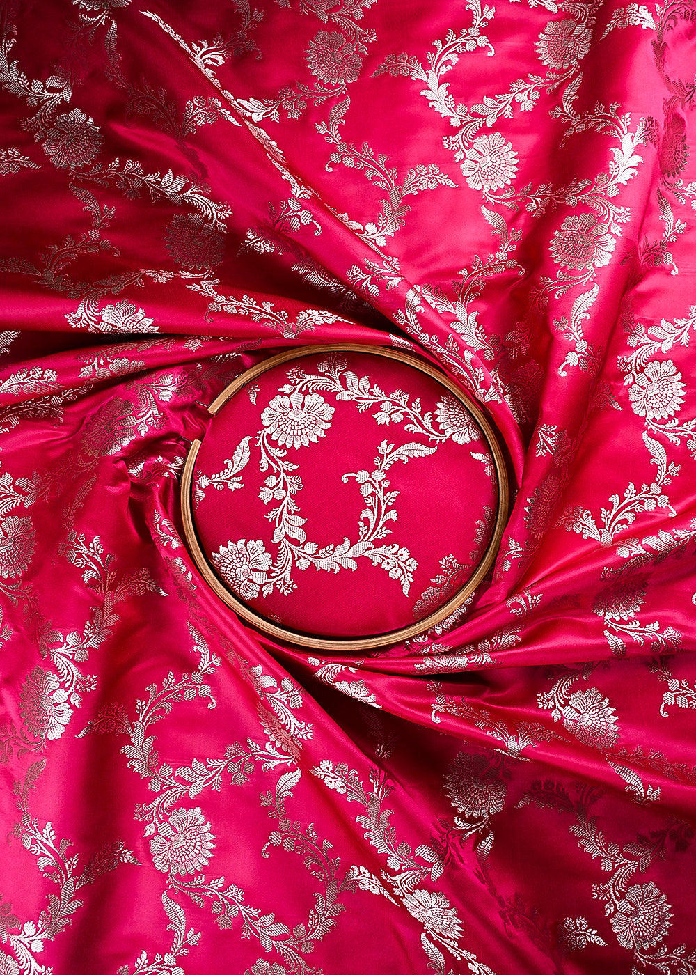 Pink Banarasi Brocade Fabric With All Over Thread And Zari Handloom 24435