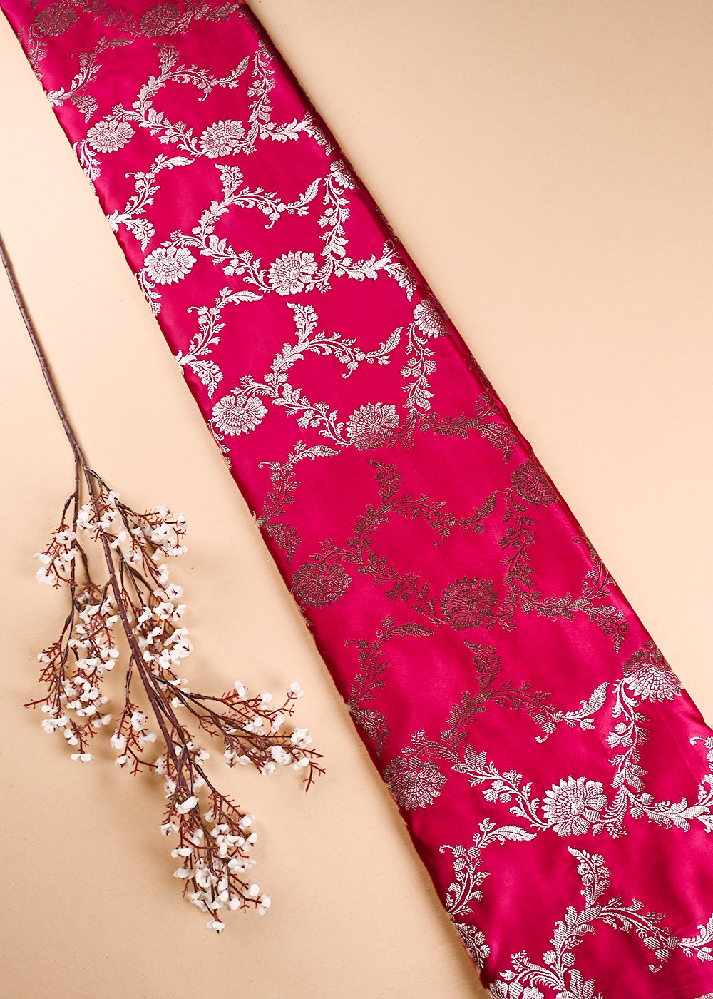 Pink Banarasi Brocade Fabric With All Over Thread And Zari Handloom 24435