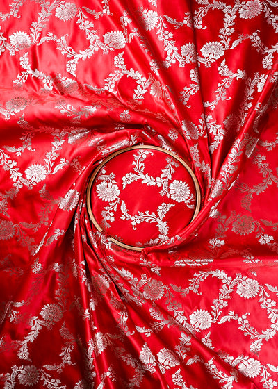 Red Banarasi Brocade Fabric With All Over Thread And Zari Handloom 24440