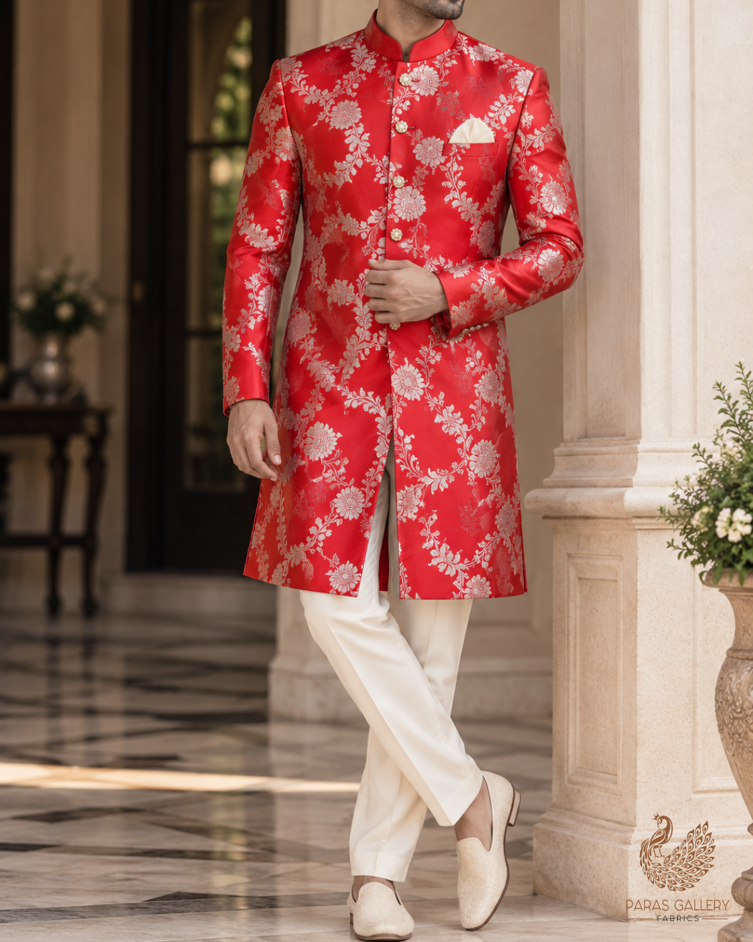 Red Banarasi Brocade Fabric With All Over Thread And Zari Handloom 24440