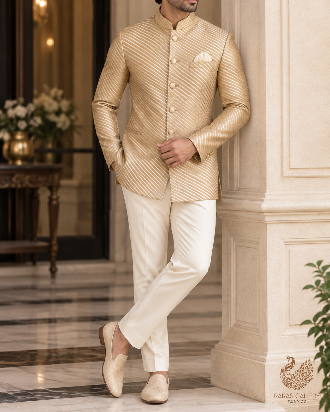 Golden Banarasi Brocade Fabric With All Over Thread And Zari Handloom 24442