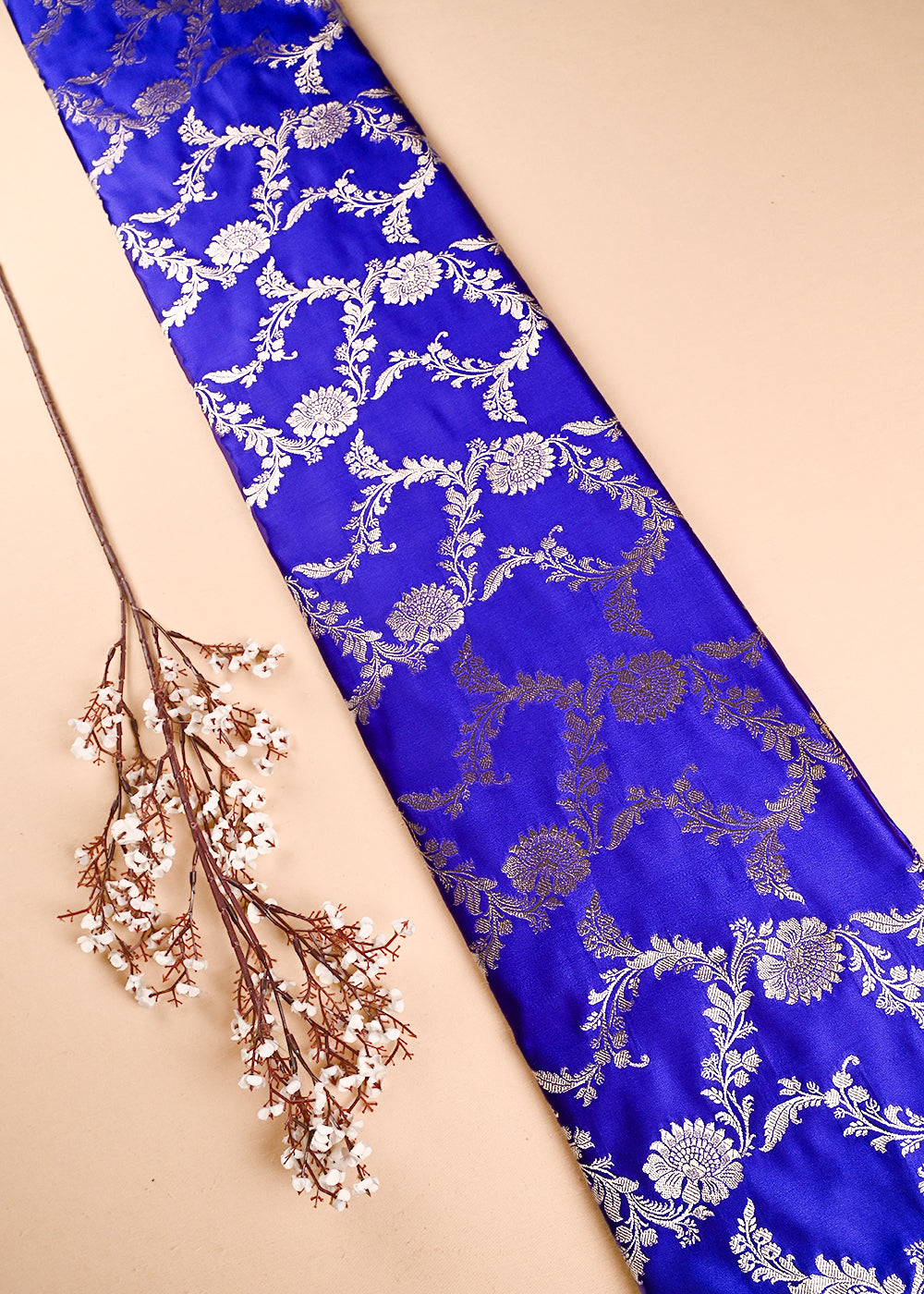 Royal Blue Banarasi Brocade Fabric With All Over Thread And Zari Handloom 24445