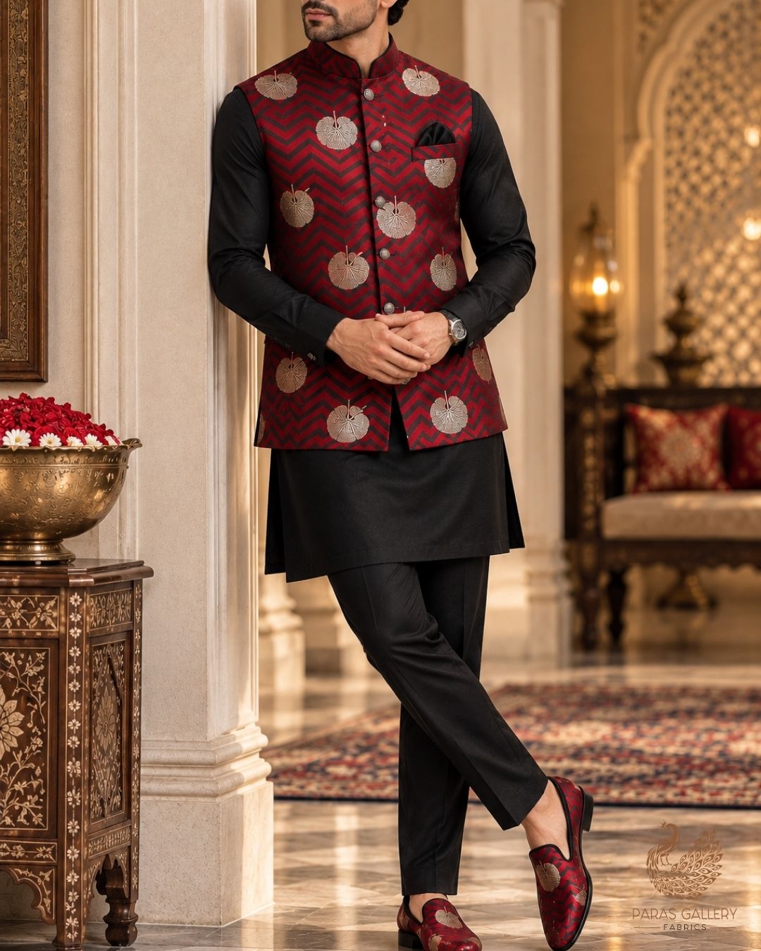 Red Banarasi Brocade Fabric With All Over Zari Handloom 24447