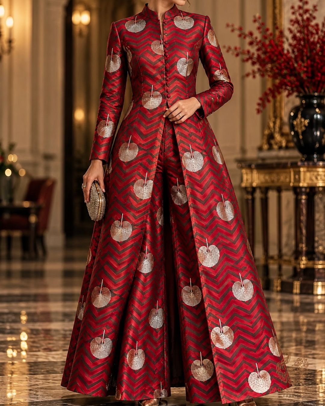 Red Banarasi Brocade Fabric With All Over Zari Handloom 24447