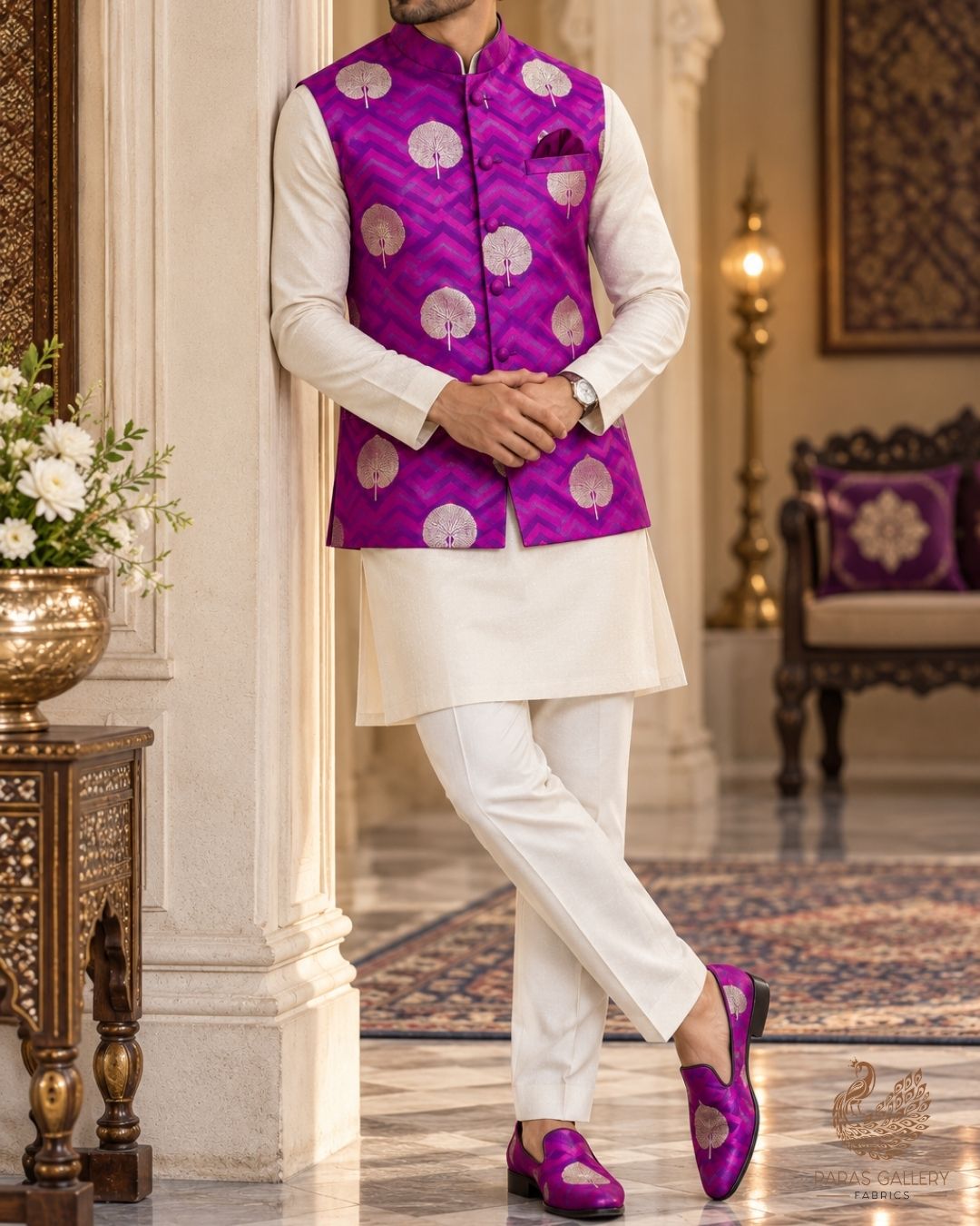Violet Banarasi Brocade Fabric With All Over Zari Handloom 24456