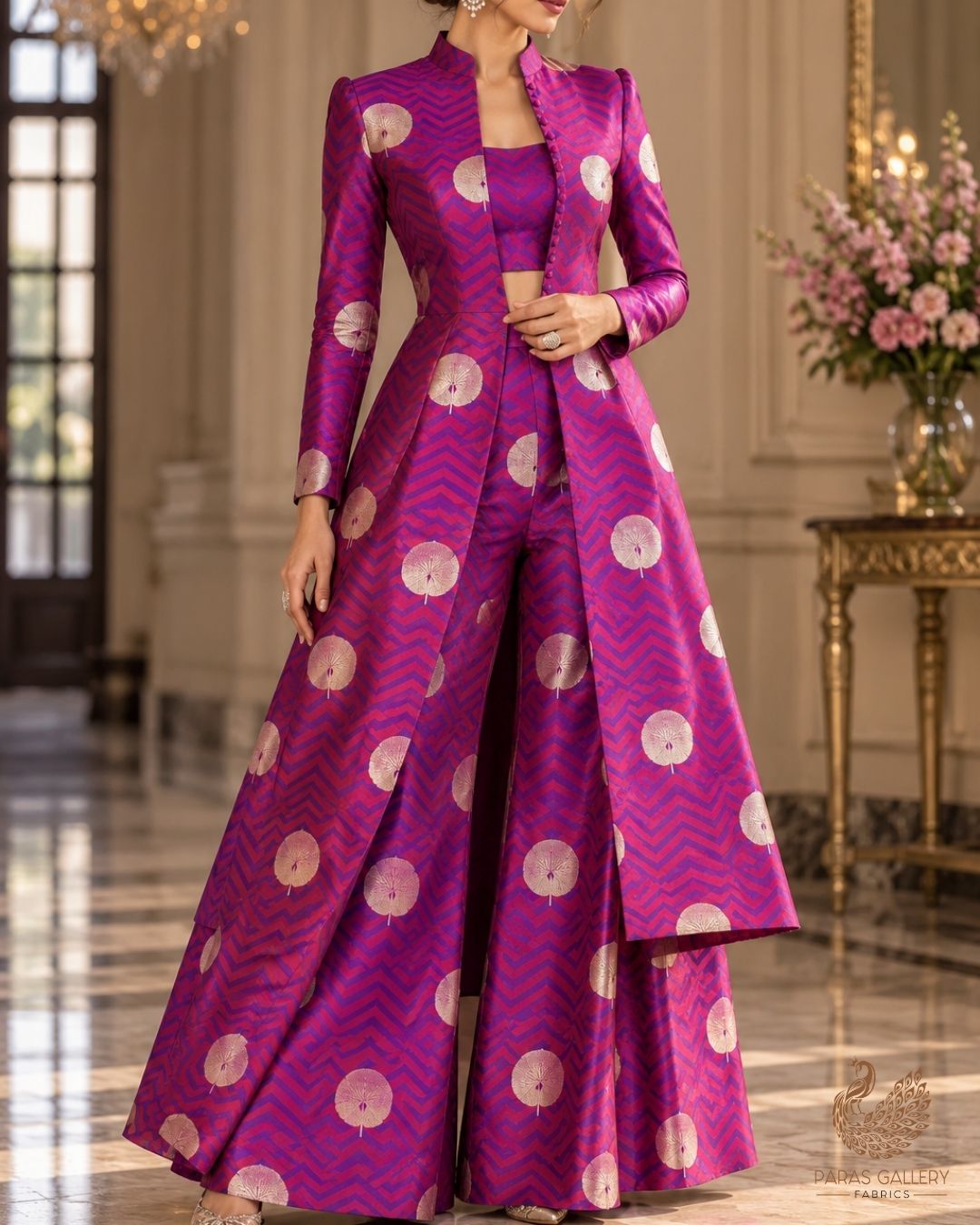 Violet Banarasi Brocade Fabric With All Over Zari Handloom 24456