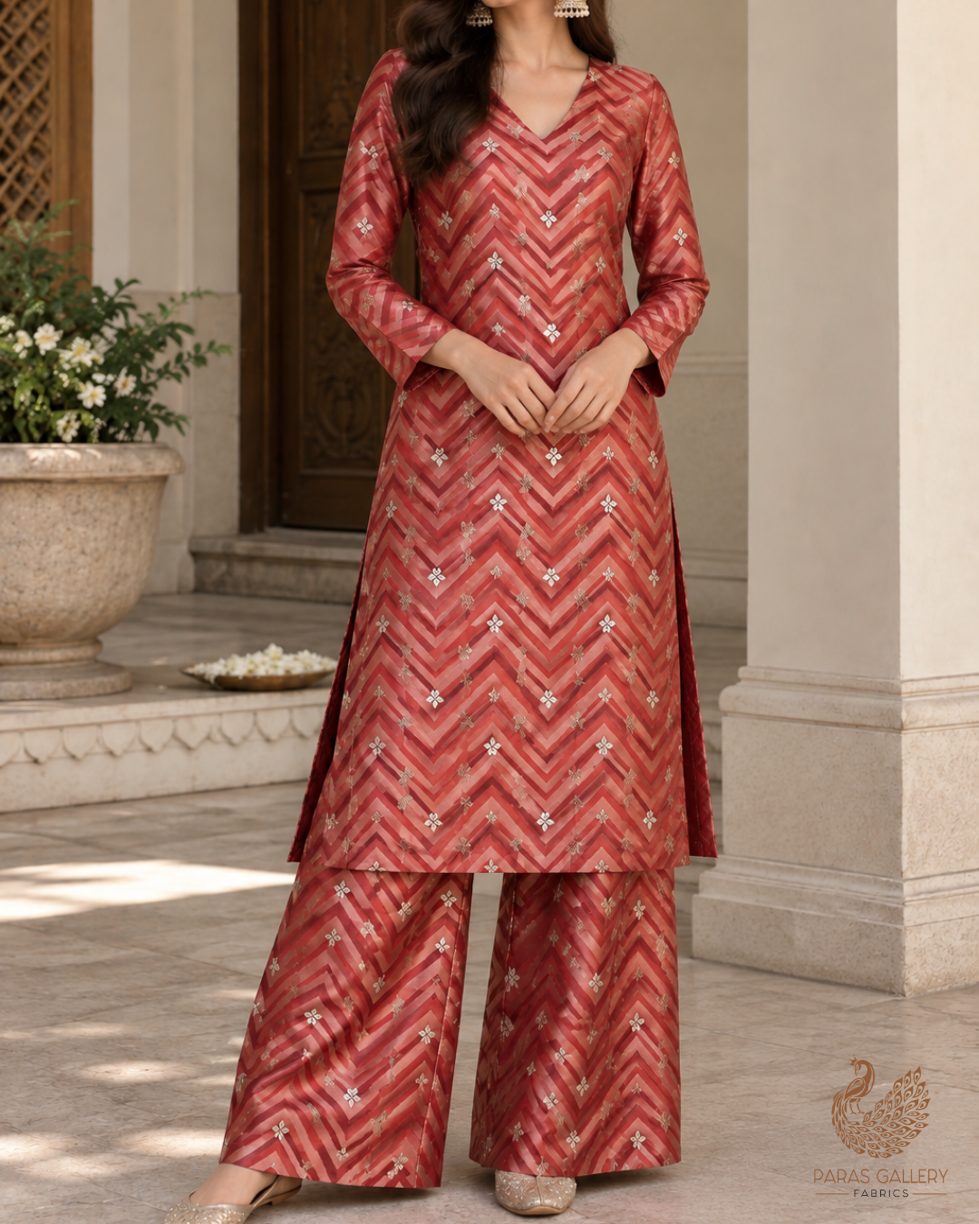 Rust Banarasi Brocade Fabric With All Over Zari Handloom 24454