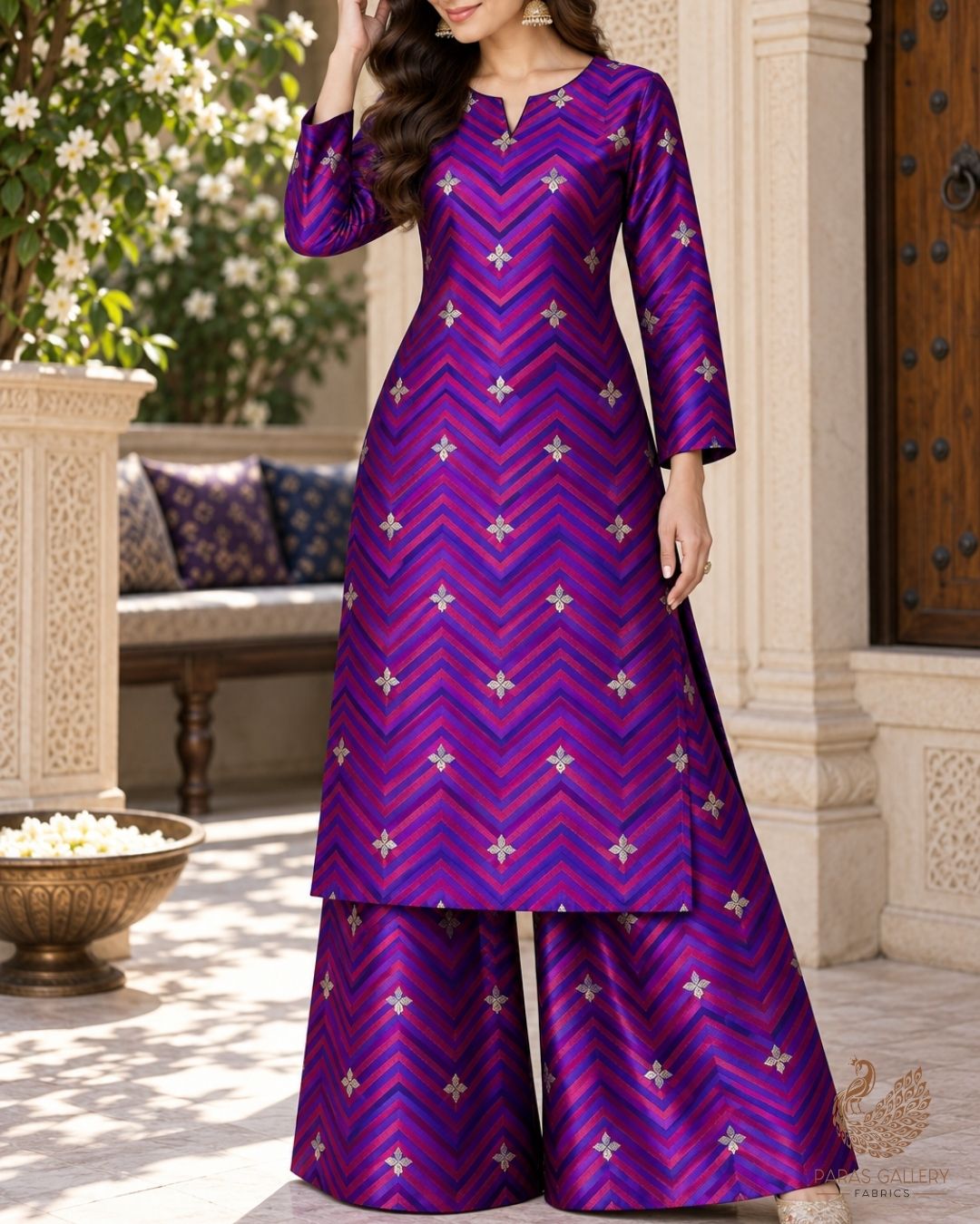 Violet Banarasi Brocade Fabric With All Over Zari Handloom 24455