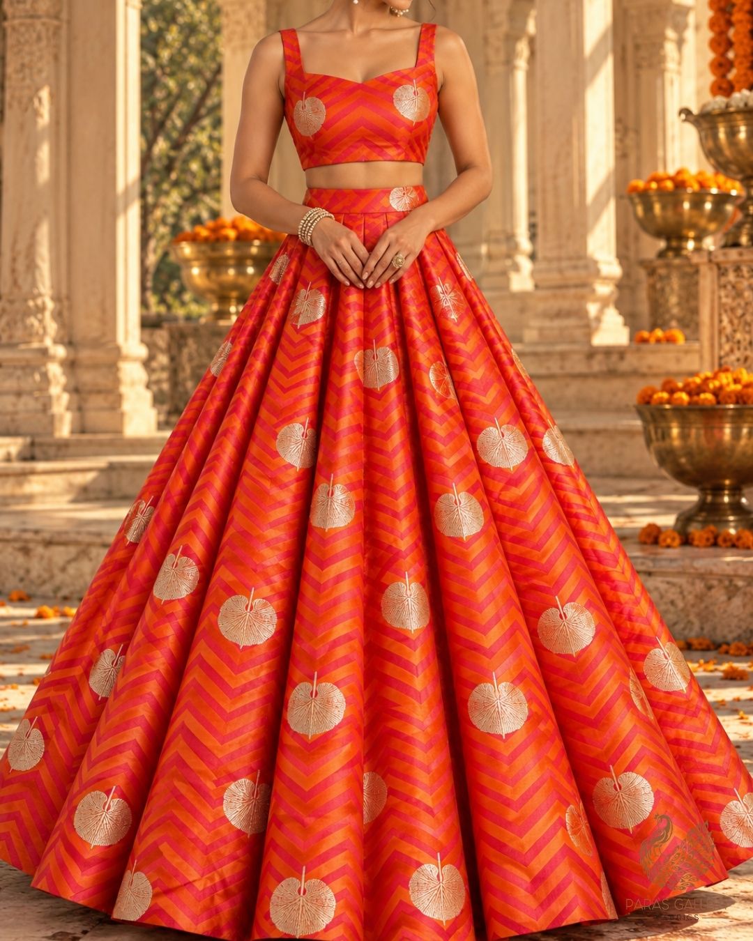 Orange Banarasi Brocade Fabric With All Over Zari Handloom 24458