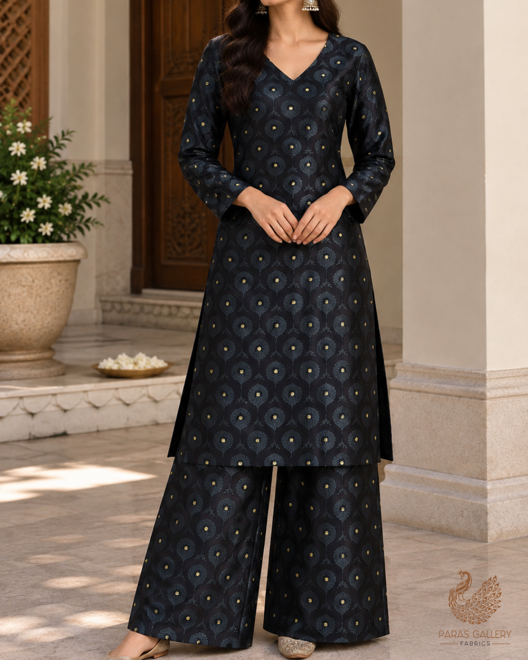 Black Banarasi Brocade Fabric With All Over Zari Handloom 24472
