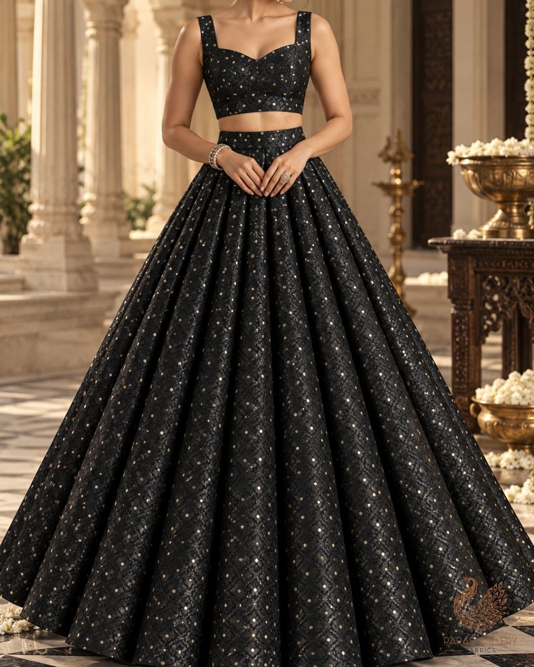 Black Banarasi Brocade Fabric With All Over Zari Handloom 24475