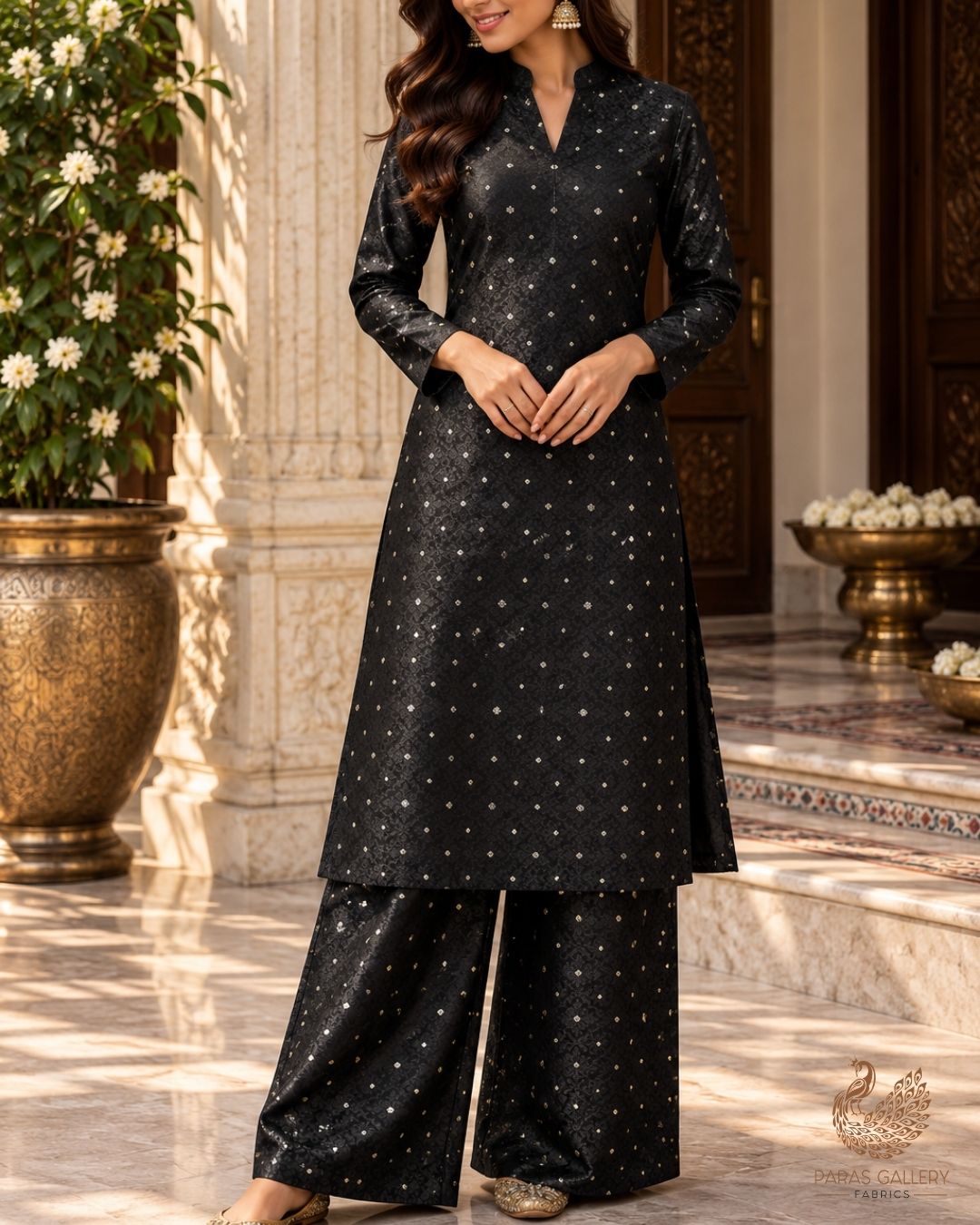 Black Banarasi Brocade Fabric With All Over Zari Handloom 24475