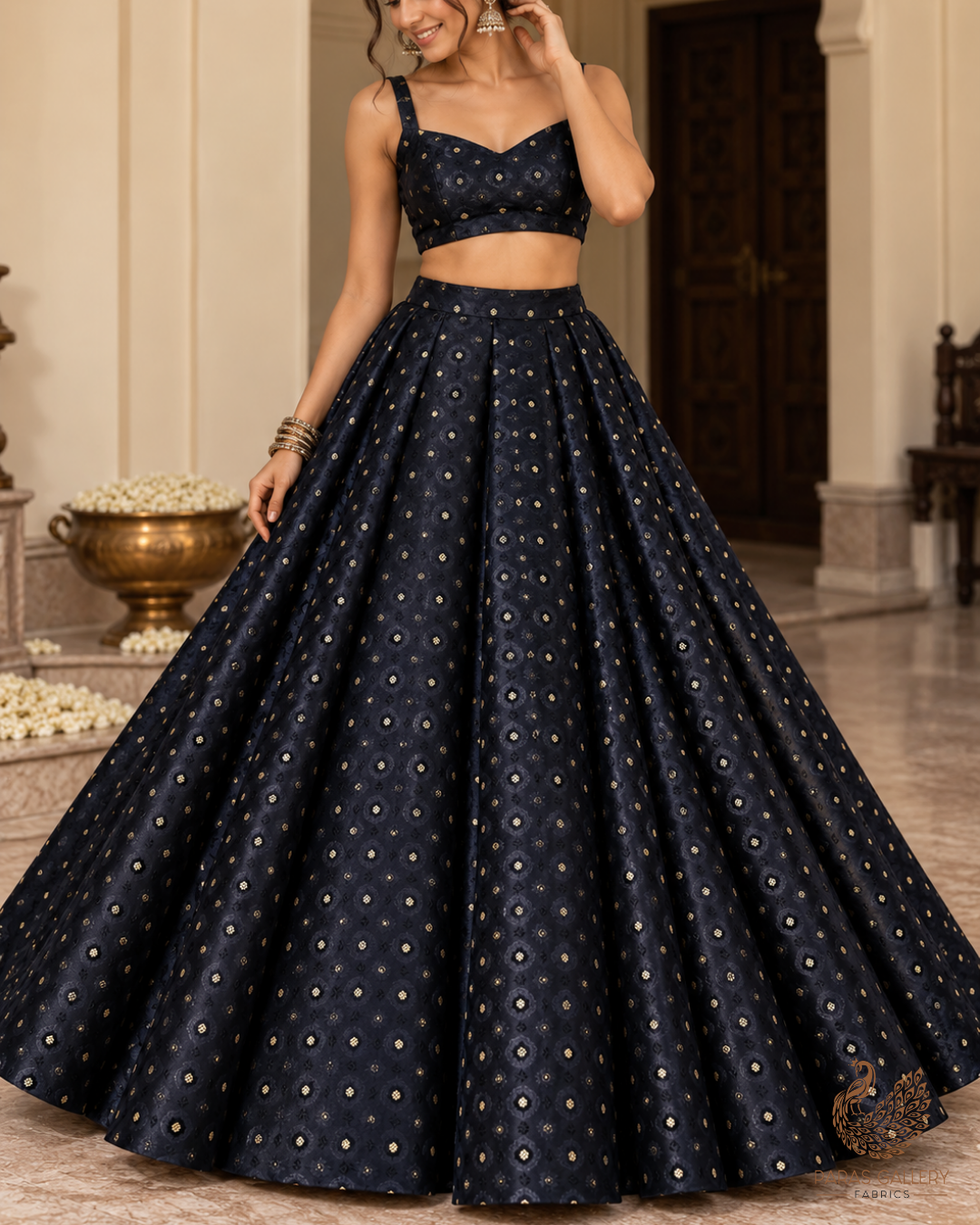 Black Banarasi Brocade Fabric With All Over Zari Handloom 24476