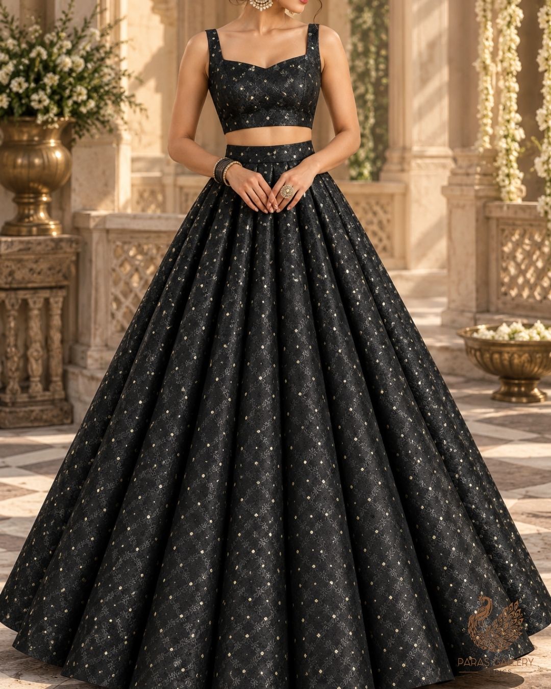 Black Banarasi Brocade Fabric With All Over Zari Handloom 24478