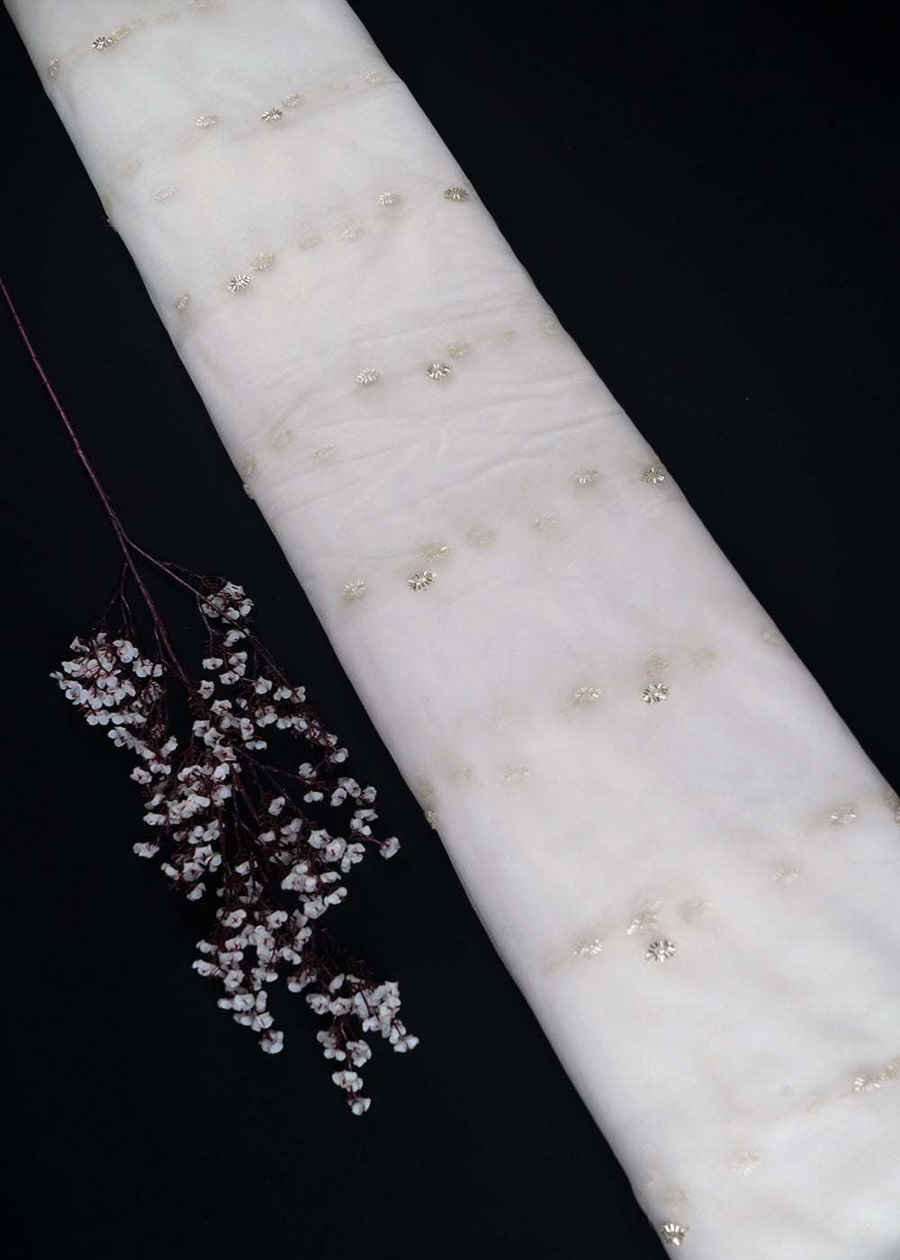 White Dyeable Net Fabric With All Over Buti Of Sequins Work 24482