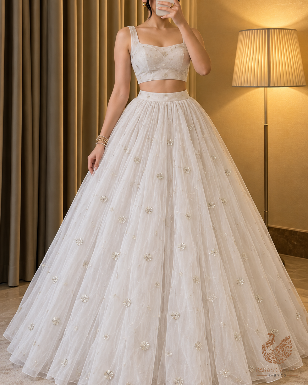 White Dyeable Net Fabric With All Over Buti Of Sequins Work 24482