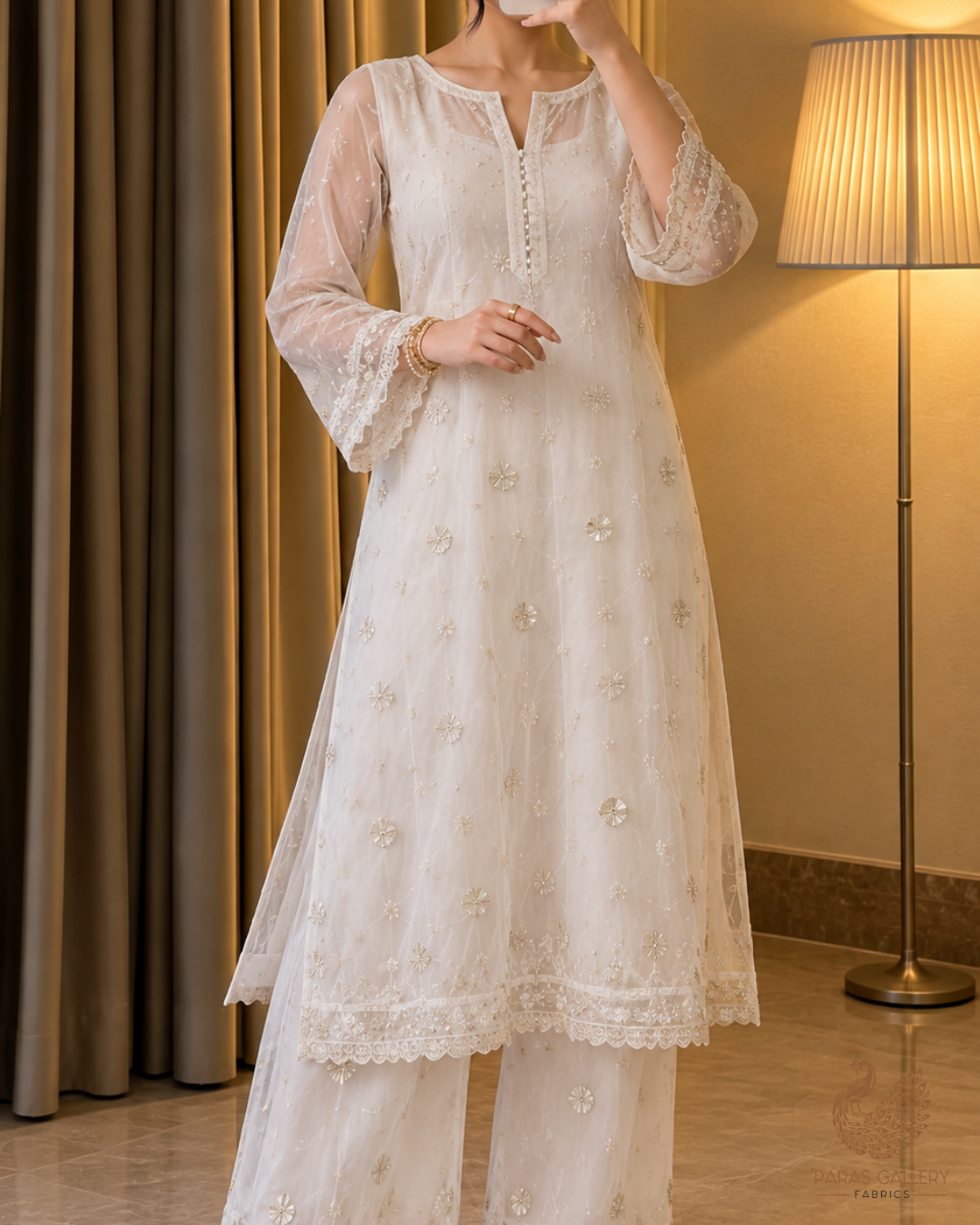 White Dyeable Net Fabric With All Over Buti Of Sequins Work 24482