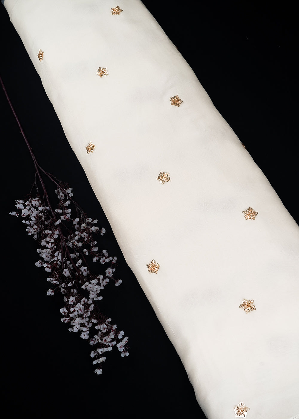 White Dyeable Organza Fabric With All Over Buti Of Sequins And Katdana Work 24483