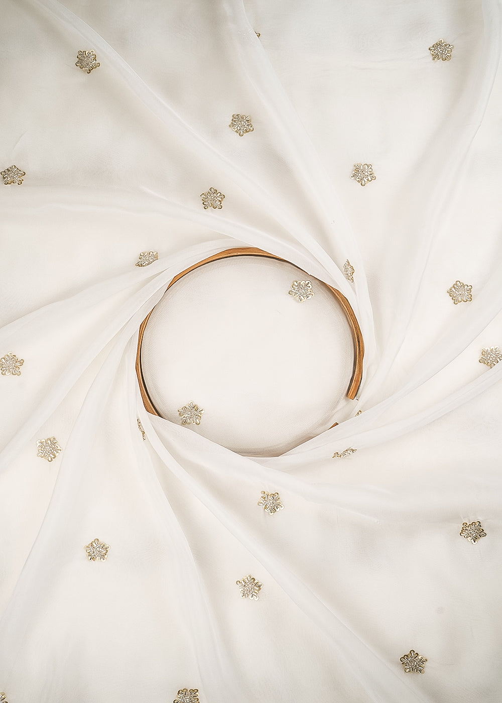 White Dyeable Organza Fabric With All Over Buti Of Sequins And Katdana Work 24484