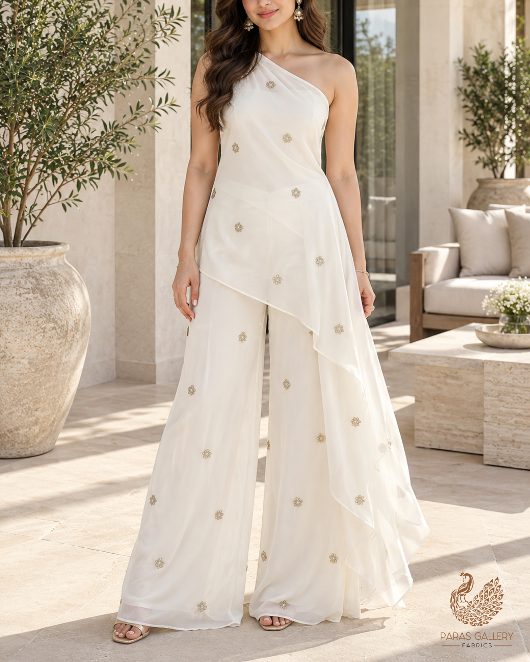 White Dyeable Organza Fabric With All Over Buti Of Sequins And Katdana Work 24484