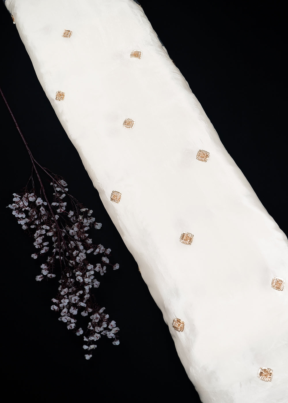 White Dyeable Crape Fabric With All Over Buti Of Sequins And Katdana Work 24486